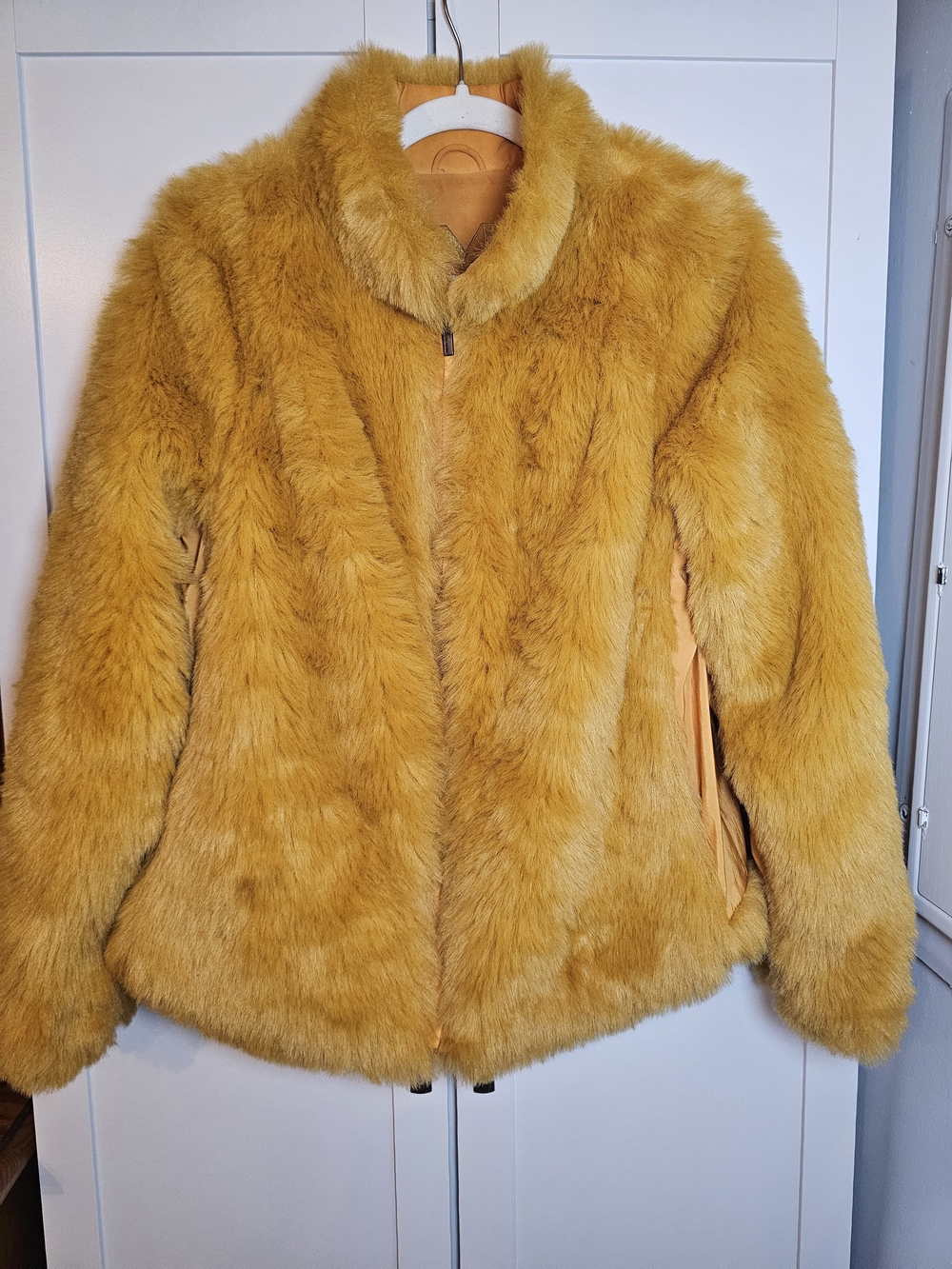 VTG Mycra Pac Reversible Faux Fur Jacket Marigold Yellow Floral Embroidered S/M